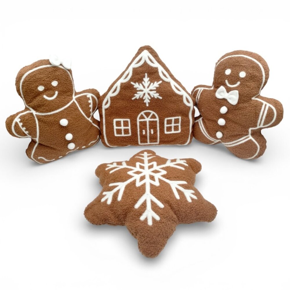Set of 4 Christmas Gingerbread Cookie Boy Girl House & Snowflake Plush Pillows